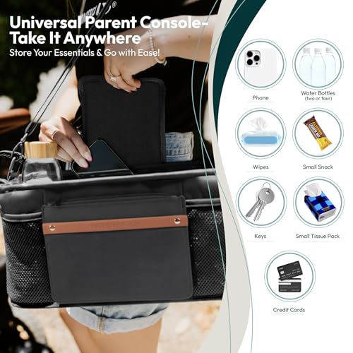 Image of WONDERFOLD Universal Parent Console Stroller Organizer with Insulated Cup Holders, Hook & Loop Closure Handle Attachment, 2 Storage Pockets, Removable Shoulder Strap for Easy Transport