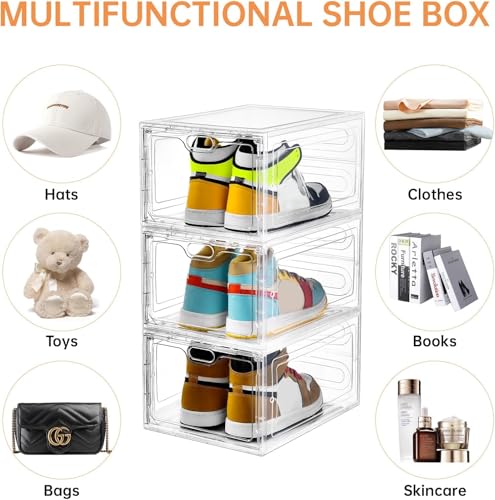 Image of INSTY 6 Pack Large Shoe Storage Box, Clear Shoe Storage Organizer with Magnetic Door, Stackable,Shoe Containers For Display Sneakers, Easy Assembly, Fit up to US Size 12, Clear