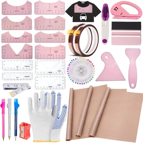 QUKLOGEN 68 Piezas Juego de Herramientas para Camiseta de sublimación,lámina de teflón para Prensa de Transferencia,Camiseta Ruler Guide Alignment para Accesorios de Costura, Accesorios de Plotter