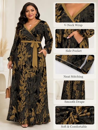 Image of PinkPatty Women's Long Sleeve Maxi Dress Plus Size Casual V Neck Wrap Dress with Pockets&Belt