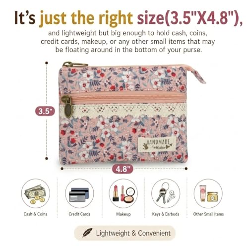 Image of Women Small Zipper Coin Purse, Handmade Fabric Flower Embroidered Change Pouch, Cotton Double Zipper Wallet