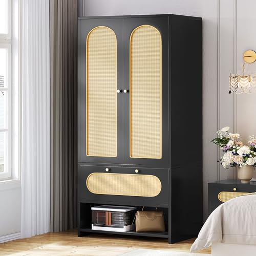DWVO Rattan Armoire Wardrobe Closet - 70" Tall Rattan Armoire Closet with Doors, Large Storage Cabinet with Drawers & Hanging Rod/Bedroom Armoire - Black
