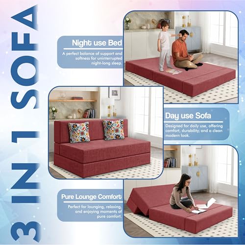 Image of Los Angeles Foldable Two Seater Sofa Cum Bed, Sofa Bed 4 X 6 Feet Jute Fabric Washable Cover- Including Cushion Perfect for Living Room - Red Color