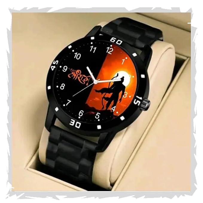 Analog Jay Shree Ram Black Dial Stylish Silicon Black Rubber Strap Wrist Watch for Men and Boys, Pack of 1
