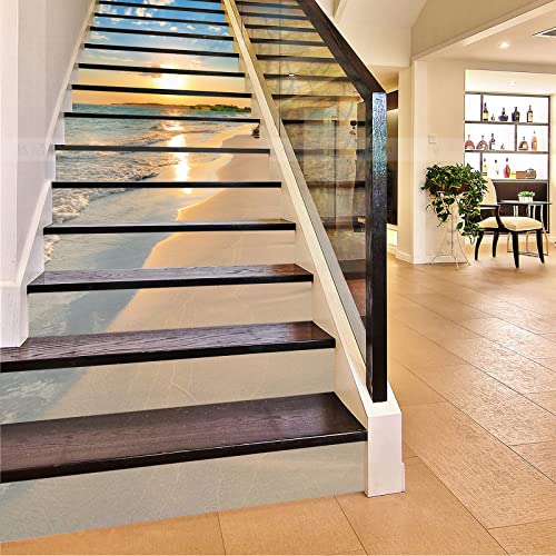 FLFK 13PCS/Set 3D Sunrise Ocean Beach Self-Adhesive Stair Risers Stickers Vinyl Staircase Stickers Stairway Decal Wallpaper Door Munal Decal Sticker 39.3Inch x7.08Inch