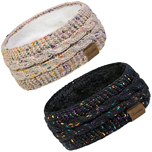 Loritta 2 Pack Headbands for Women Winter Warm Cable Knit Ear Warmer Thick Head Wrap Fuzzy Fleece Lined Gifts,Beige+Black