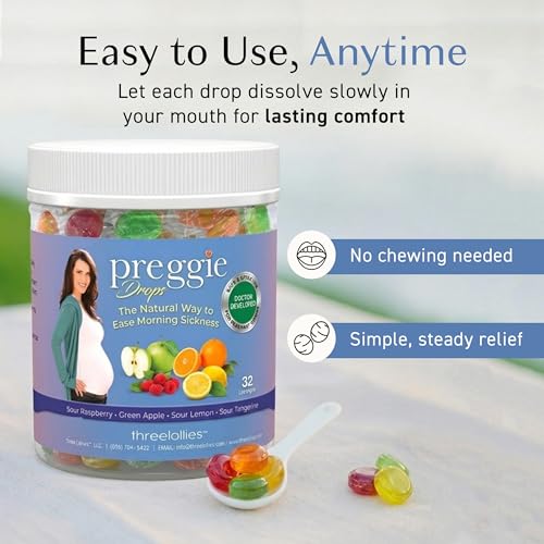 Image of Three Lollies Preggie Drops Pregnancy Nausea Lozenges with Essential Oils & Fruit Extracts, Morning Queasiness Lozenges for Pregnant Women, Natural Sour Drops Variety Pack, 32 Count