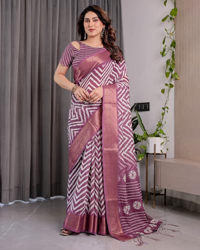 Image of ALMAARI FASHION Handloom Cotton Linen Saree for Women with Floral Printed Design and Tassel Pallu, Traditional Ethnic Lightweight Saree for Daily Office Festive with Blouse Piece