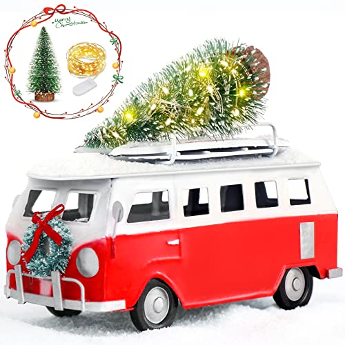 Van Bus Christmas Decor, Red Van with Christmas Tree, Classical Van Bus with Fairy Lights, Red Metal Van Decor Farmhouse, Van Gifts