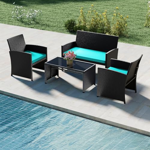 Image of Tangkula 4 Pieces Patio Wicker Furniture Set, Outdoor Heavy Duty Rattan Cushioned Chairs, Loveseat and Tempered Glass Coffee Table, for Backyard, Balcony, Poolside (Turquoised,1)