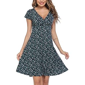 Beyove Sommerkleid Damen Knielang V-Ausschnitt Blümchenkleid A Linie Kurzarm Jerseykleid Floral Sommer Wickelkleid Strandkleid