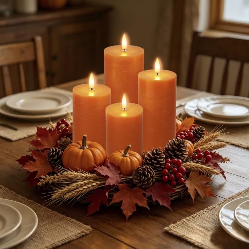 Image of Orange Flickering Flameless Candles, Real Wax Battery Operated Candles with Remote, Flat Top Led Flameless Pillar Candles for Home, Wedding, Party Decor, Set of 4