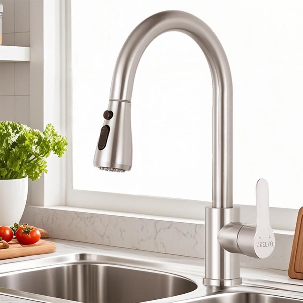 Wasserhahn Küche, Hochdruck Küchenarmatur mit Herausziehbarer Brause Ausziehbar Armatur, Mischbatterie Küche Spültischarmatur Brause 3 Modus, Edelstahl