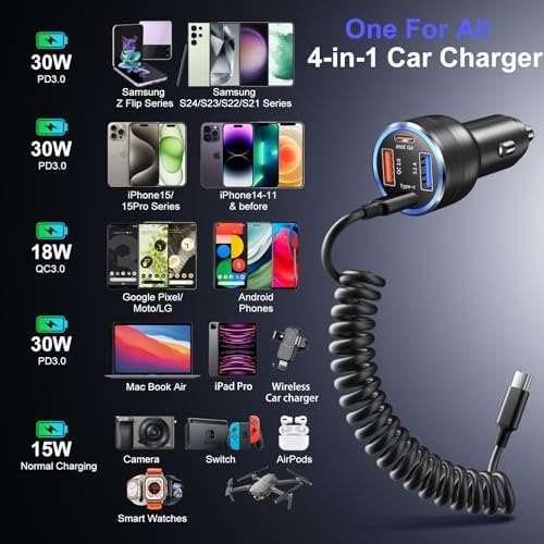 3 Pack 65W Super Fast Type C Car Charger USB C Cigarette Lighter Adapter, 4 Port USB C Car Charger QC+PD 3.0 Fast Charging for Galaxy A17 A16 A15 A14 A13 S26 Ultra S25 S24 Car Phone Charger Plug - 5