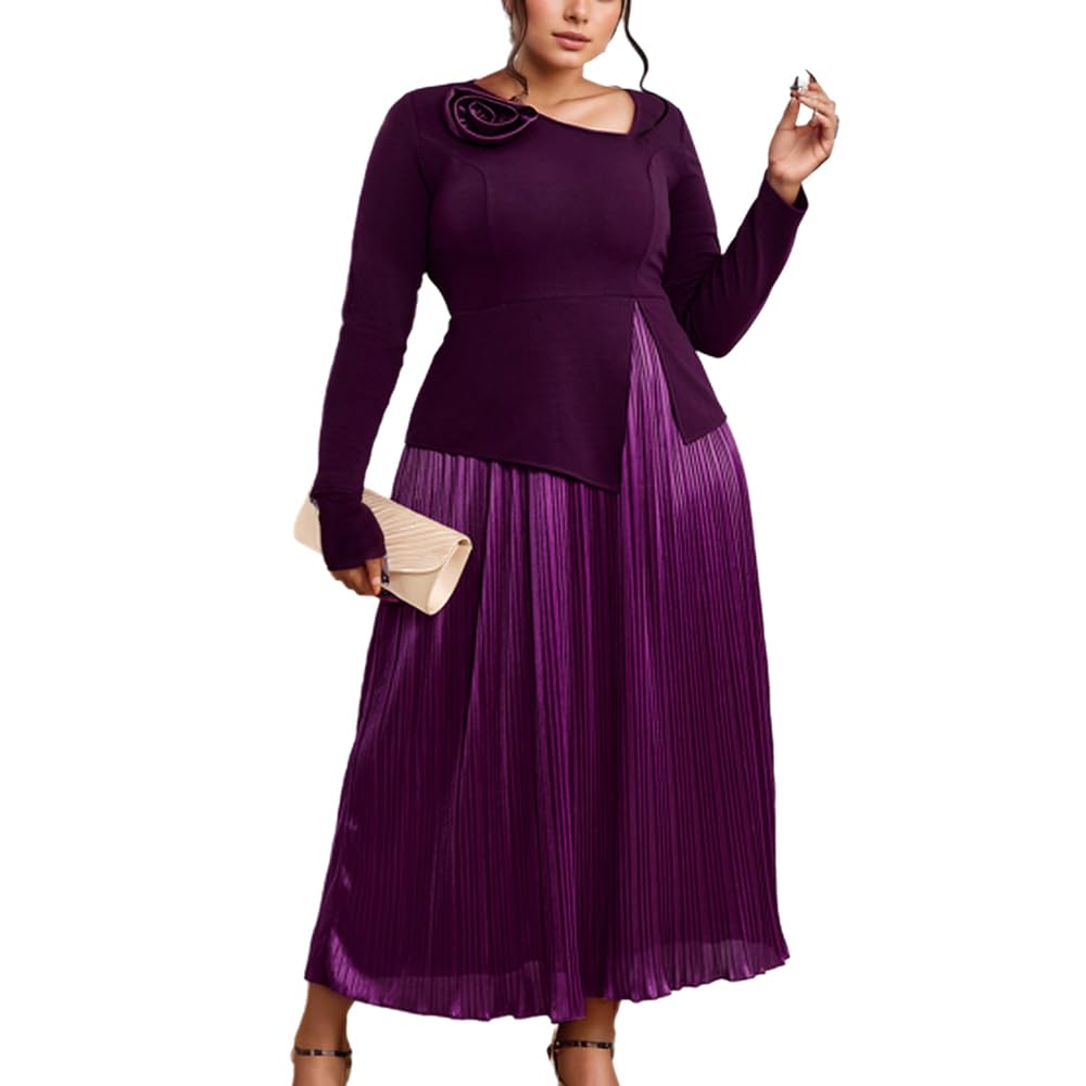 ONTINVA Womens Business Work Office Long Sleeve V Neck Peplum Flare A line Pleated Dress Church Rose Ruffled