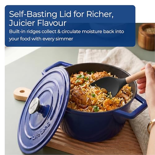 Image of Lifelong Enamel Cast Iron Casserole with Lid (3.8L, 24cm) | Oven, Gas & Induction Compatible | Slow Cooking, Even Heat Distribution, Nontoxic, Durable, Naturally Nonstick, No Stains or Scratch (Blue)