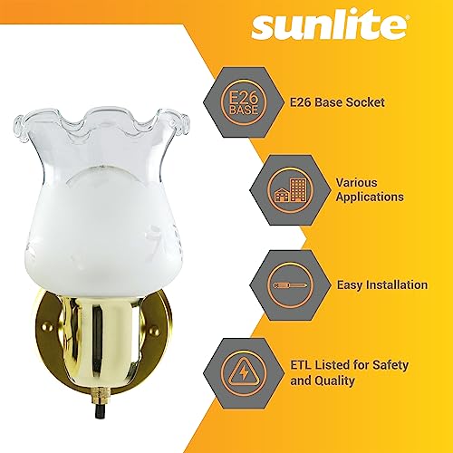 Image of Sunlite 04530 4.5-Inch Tulip Shaped Wall Mount Light Fixture, Polished Brass Finish, 60W A19 Max Bulb, Medium E26 Base, 120 Volts, Built-in Switch, ETL Listed, For Hallways, Living Room and Office Use