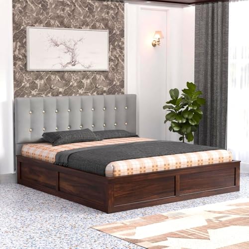 Image of Sheesham Wood King Size Bed with Storage Box | Upholstered Beds | Platform Cot with Cushioned Headboard | Double Bed for Home | Recommended Mattress 78x72 Inch | Grey & Walnut Finish