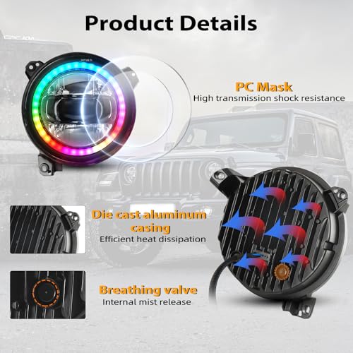 Yeego Direct YG-US-QPJL12002RGB-2 9 Inch Led Headlights For Wrangler Headlights, Jl Jt Halo Rgb Headlights thumb #4