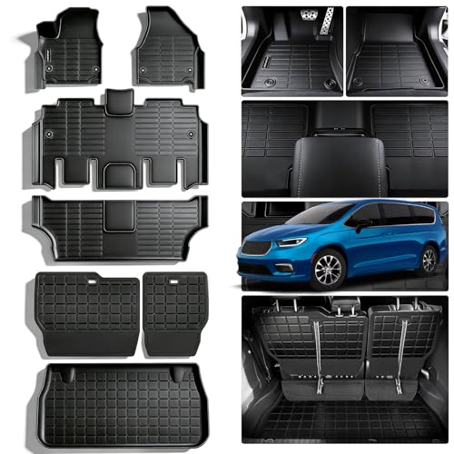 MJBYMAT Floor Mats for 2017-2025 2026 Chrysler Pacifica Gas Touring Version Fit 7&8 Passenger Model (Non Hybrid & Pinnacle) & Trunk Mat & Backrest Mat TPE All Weather Protection Car Mats Full Set