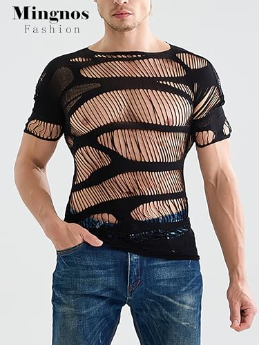 Mingnos Herren Kurze Ärmel Netz T-shirt Transparent Tops Netzhemd Netz Shirt Netzoberteil Clubwear Festival Outfit Unterhemd Schwarz