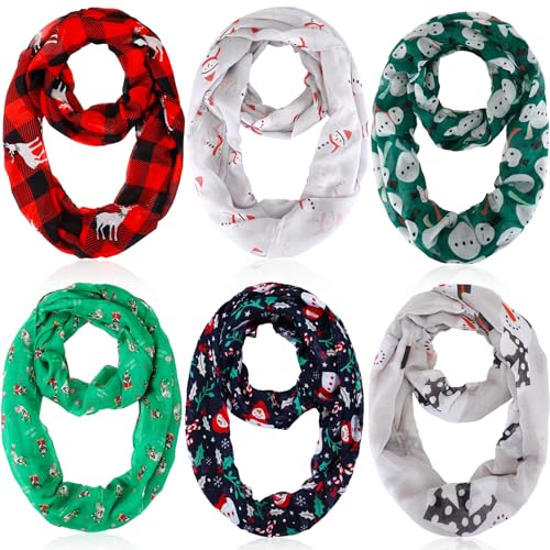 Handepo 6 Pcs Christmas Infinity Scarf Lightweight Holiday Loop Sheer Scarves Sheer Infinity Women's Scarves(Cute Style)
