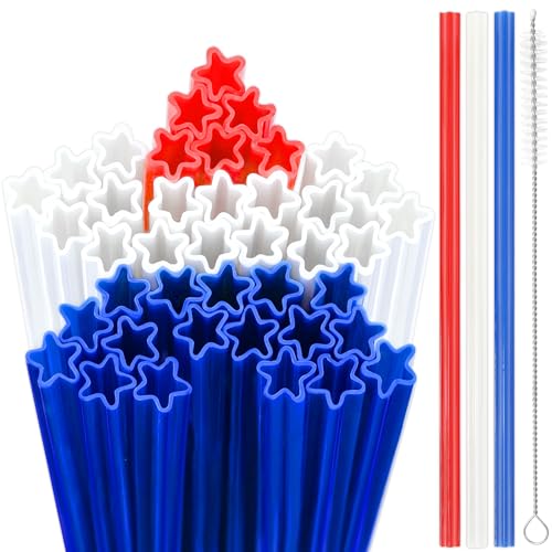JANYUN 30 Pieces Patriotic Plastic Straws, Red White Blue Star Straws 4th of July Drinking Straws for Beverage Milkshake Cocktail Memorial Day Election Day Independence Day Party Supplies