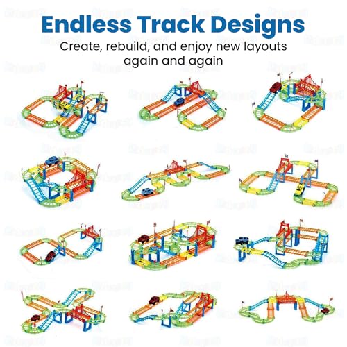 Image of Kidology Flexible Racing Track Playset Toy for Kids 3+ | DIY Rapid Variety Car Racing Track with Electric Car Toys and Games for Kids (95 Pcs) | Indoor & Outdoor Creative Playset Multicolor