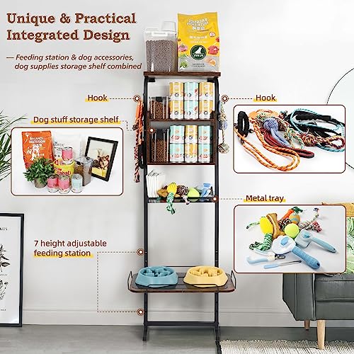 Elevated Dog Bowls - 7 Adjustable Raised Bowl Stand With Large Storage Organizer for Accessories, Feeder Station for XLarge, Large, Medium, Small Dogs, Cats, Pets (Rustic Brown Wood) - Image 5