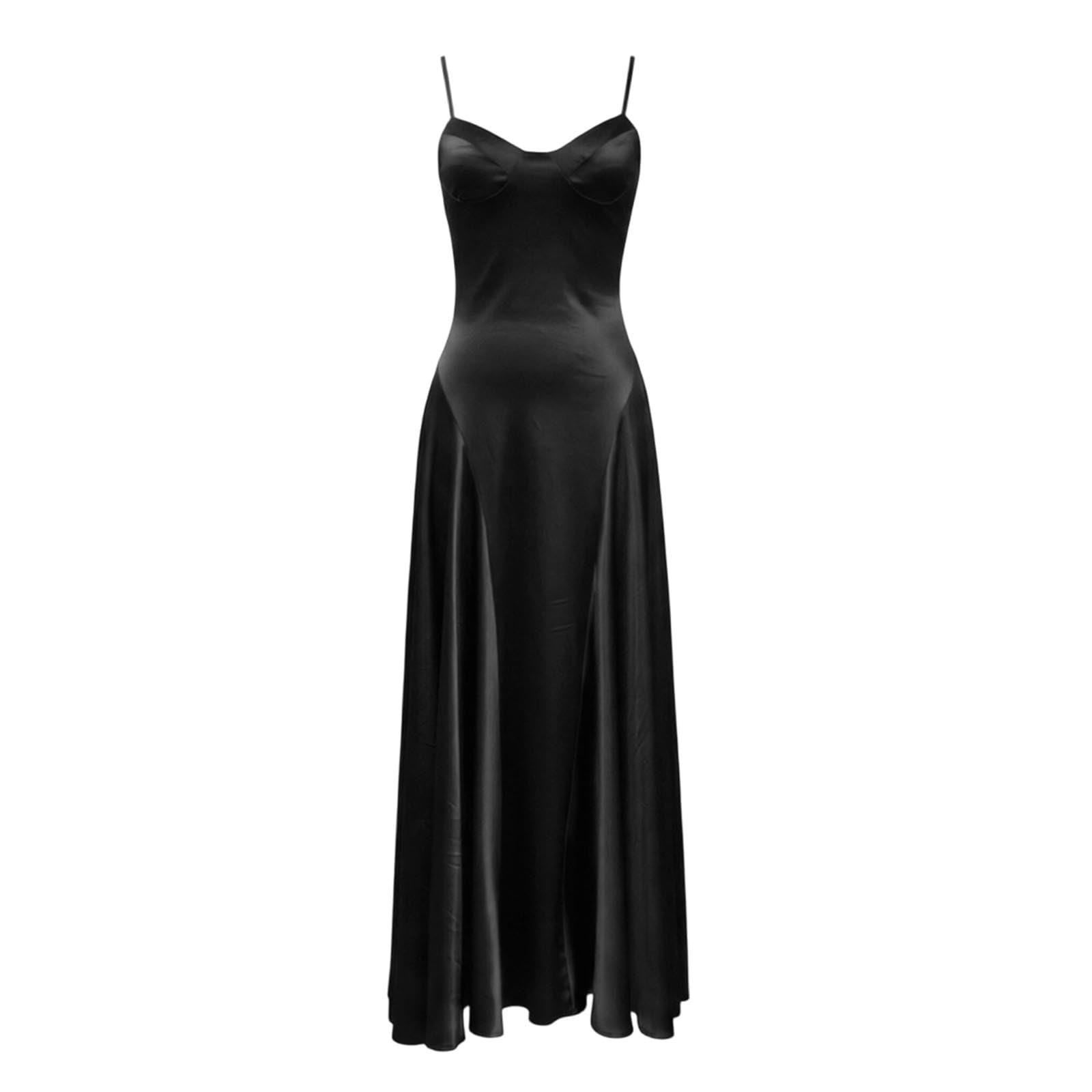 Elegante vestido de verano para mujer, con tirantes de satén, entallado, falda larga, vestido de verano | Vestido festivo de satén con falda ancha, ajuste entallado, ideal para bodas y vacaciones