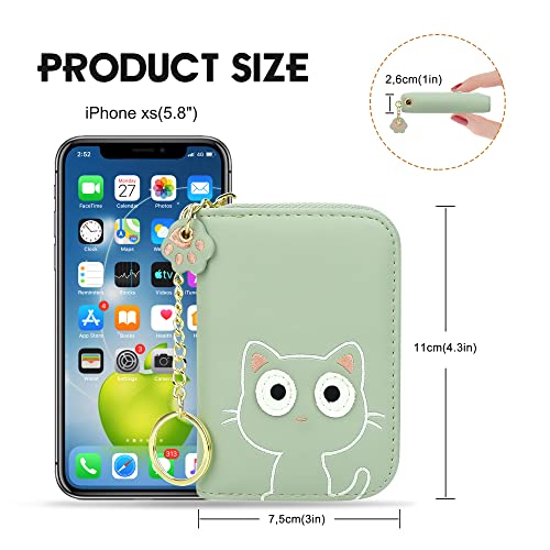 Image of CONISY Cute Small Women Credit Card Holder Wallet with Keychain Wristlet (green cat)