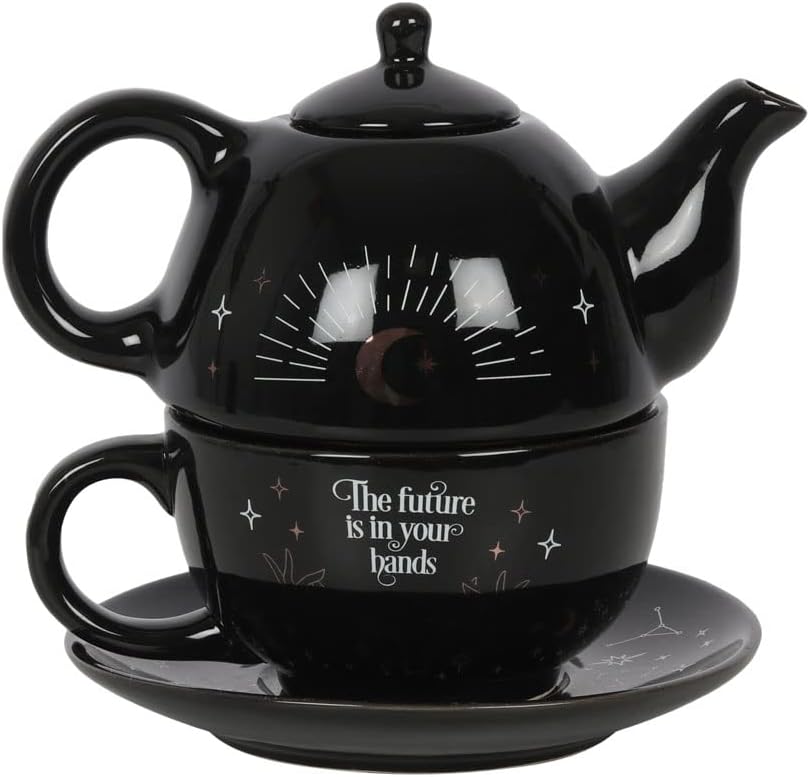 Enchanting Black Fortune Teller Tea-for-One Tea Set - 15cm x 16.5cm (1 Set) - Magical Design with White and Gold Accents, Includes Teapot, Cup, and Saucer - Ideal for Making the Perfect Cuppa
