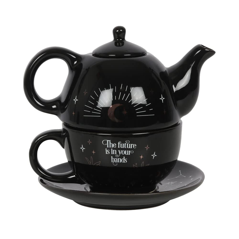 Enchanting Black Fortune Teller Tea-for-One Tea Set - 15cm x 16.5cm (1 Set) - Magical Design with White and Gold Accents, Includes Teapot, Cup, and Saucer - Ideal for Making the Perfect Cuppa