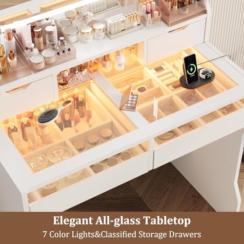 GarveeHome Vanity Desk with Mirror and Lights, Small Makeup Vanity Desk with Power Outlet&Glass Top, 3 Lighting Modes Brightness Adjustable, Bedroom Dressing Table with 7 Color Light Drawers, White