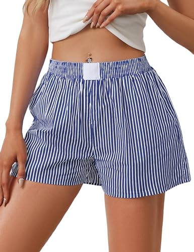 Image of Ythomm Womens Lounge Shorts Y2k Striped Print Elastic Waist Pajama Shorts Cute Boxers Bottoms With Pockets Comfy Sleepwear, X-Large, White-dark Blue