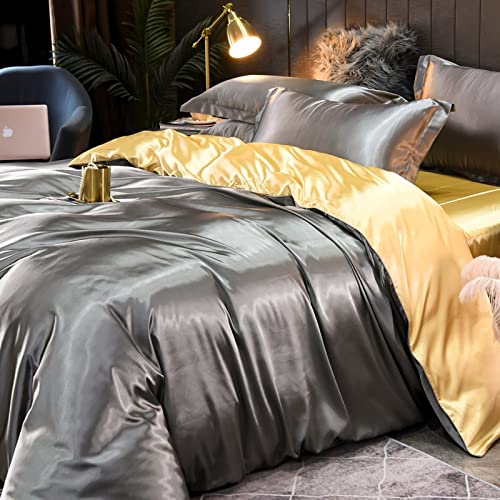 Juego de funda de edredón de lujo para cama doble, seda de morera, seda de hielo y satén, agradable a la piel, colección de seda de verano, tamaño King, 200 x 230 cm, juego de 4 piezas