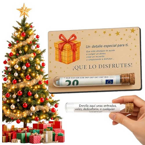 METACREART Cartão de madeira para presente surpresa, com tubo para dinheiro, mensagens ou vouchers. Maneira original de oferecer dinheiro, presentes de natal originais, presentes originais para