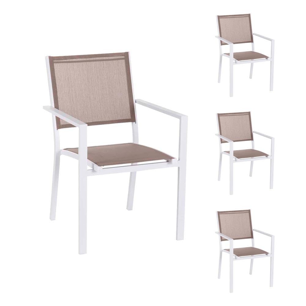 Set de 4 sillas de jardín apilables Thais con Brazos Aluminio de Aluminio Blanco y textileno marrón de 55x60x86 cm