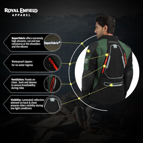Image of ROYAL ENFIELD ADVENTURER XT RIDING JACKET | Superfabric: High abrasion resistance | Waterproof & Detachable Winter /Thermal liner | Level 2 Protectors: Shoulder & Elbow | Ventilation all over|OLIVE S