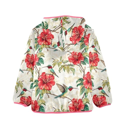 Hummingbird Red Flower Girls Fleece Jacket Girls Fall Jacket Girl Coats Zip Up Hoodie Children Sherpa Warm Outerwear 2-10T2