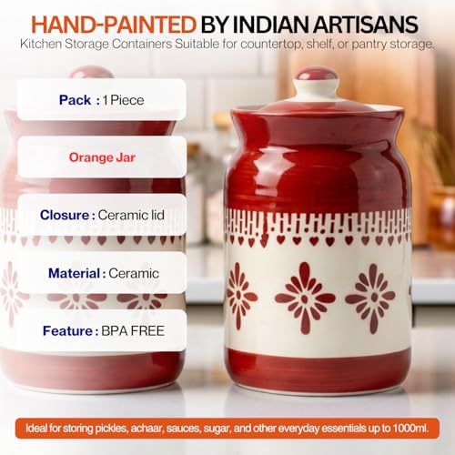 Image of Orange Jhalar Ceramic Handglazed Pickle Jars Set of 1-1000 ML Each | 1 kg Achaar Martban Barni Jar with Lid | Ceramic Storage Jar Container Pickle /Achar, Chatney