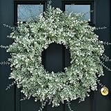 26'' Large Eucalyptus Wreath for Front Door, Porch- Artificial Eucalyptus and Lavender with Babys Breath Flowers Wreath for Home, Farmhouse Wall Decor- Spring, Summer, Fall, All Seasons (White-Green)