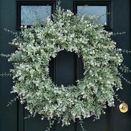 26'' Large Eucalyptus Wreath for Front Door, Porch- Artificial Eucalyptus and Lavender with Babys Breath Flowers Wreath for Home, Farmhouse Wall Decor- Spring, Summer, Fall, All Seasons (White-Green)