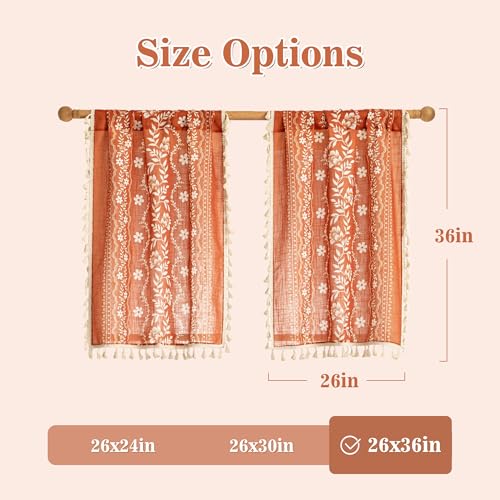 Image of MYSKY HOME Linen Boho Floral Short Tier Curtains 36 Inch Length 2 Pcs