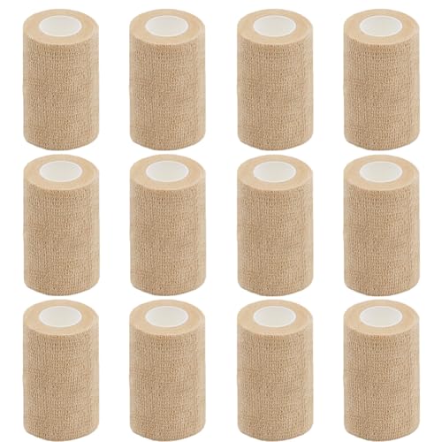 Clooflar 12 Pack Self Adhesive Bandage Wrap 3 X 5 Yards Beige Elastic Cohesive Bandage for Sports Wrist Ankle Vet Wrap Grip Tape