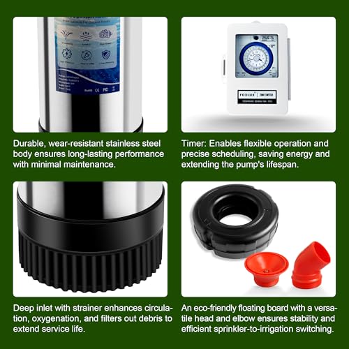 Pond Fountain Aerator 750W, 1HP 15000 GPH Floating Aerating Pump with Stainless Steel Body, 120ft Power Cord & Multifunctional Timer for Small & Large Ponds & Lakes (120V)