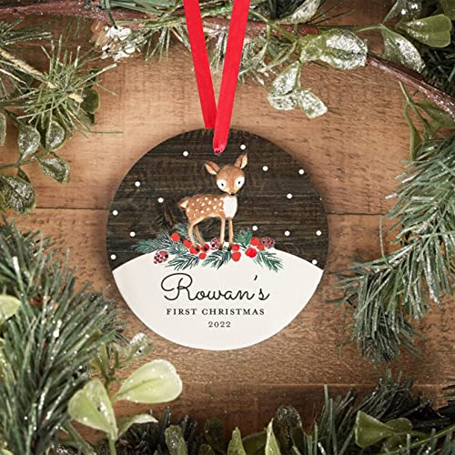 Zmoicky Baby's First Christmas Ornament Personalized Woodland Deer and Snowflakes Ceramic Christmas Decorations Christmas