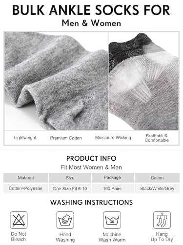 Image of Tarpop 100 Pairs Bulk Mens Socks Moisture Wicking Casual Sports Ankle Socks for Homeless Unisex Adult Men Women
