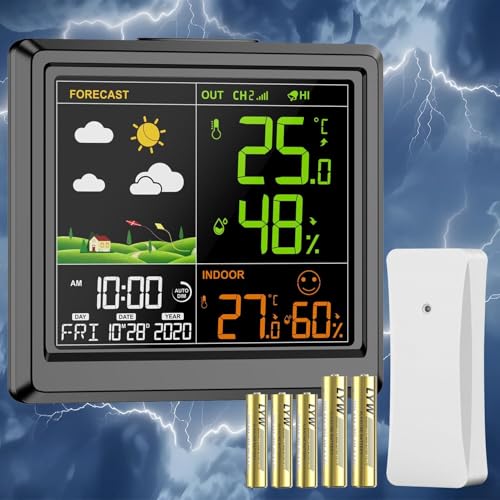Station Météo Interieur Exterieur Sans Fil, Thermometre Hygrometre avec Capteur, Avec Ecran LCD Couleur Rétro-Éclairé, 3 Niveaux Luminosité, Avec Date Heure, Réveil, Prévision Météorologique