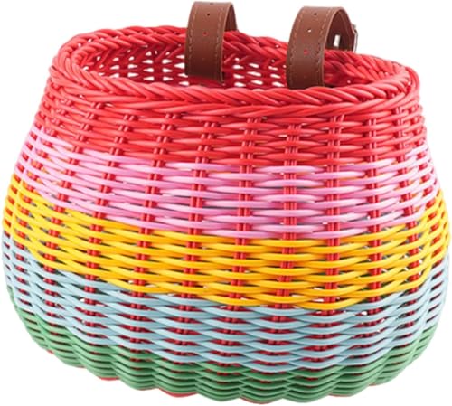 Yeehliny Fahrradkorb Kinder, Fahrradkorb Geflochten für Mädchen und Kinder vorne, Laufradkorb Lenkerkorb Lenkerkörbchen Körbchen für Fahrrad aus Kunststoff, mit Lederriemen (Stil B/23.5cm/Bunt)